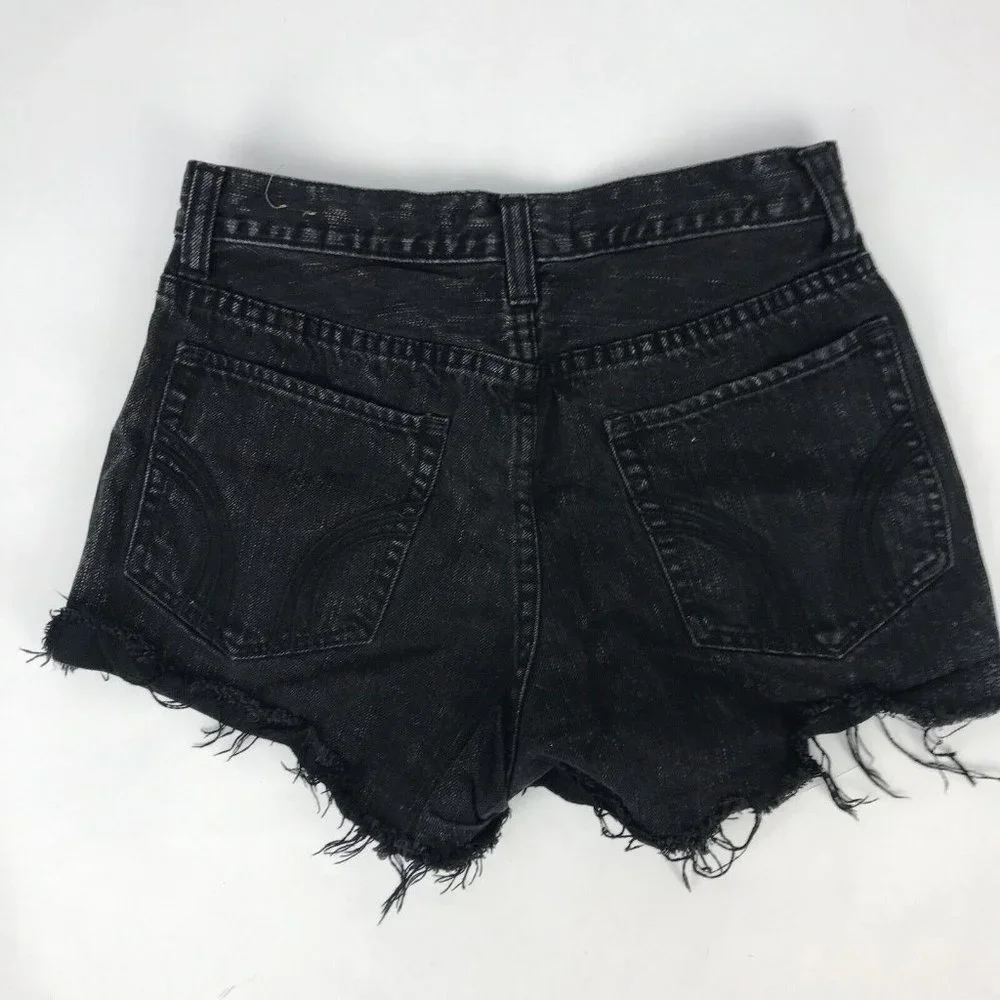 Hollister High Waisted Jean Short Shorts Black Denim Button Up Size 1 Waist 25 - Picture 4 of 5